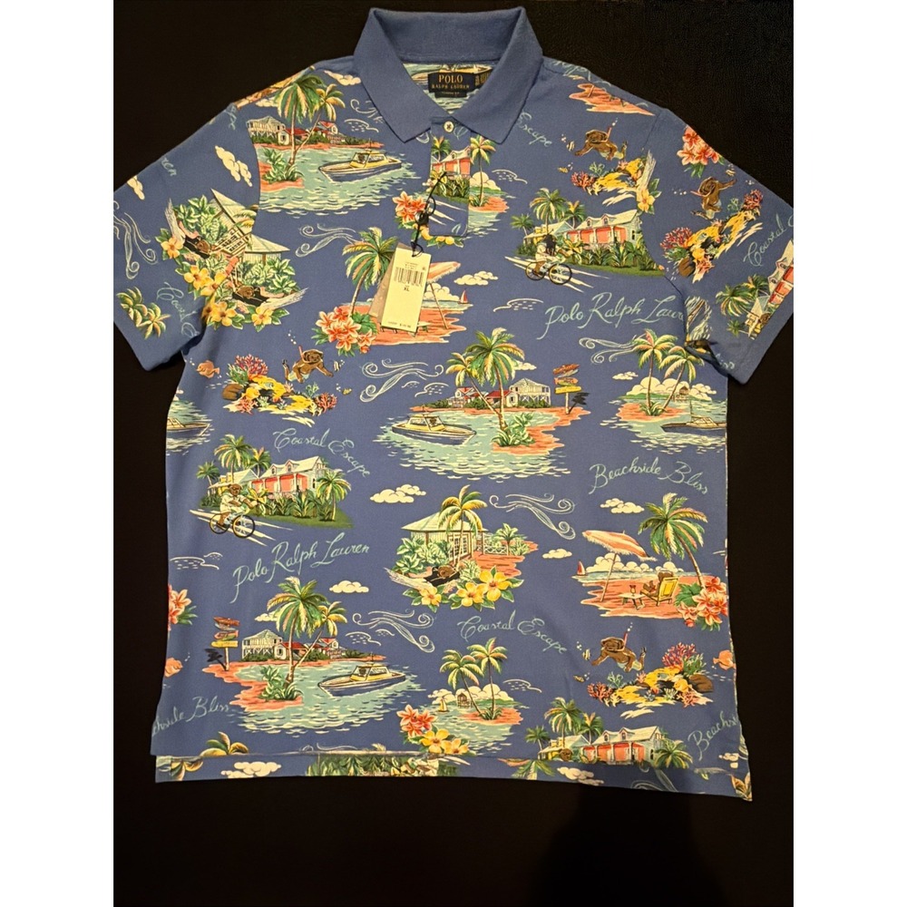 Polo Ralph Lauren Blue Multi Polo Bear Tropical Beach Print Mens Size XL NWT